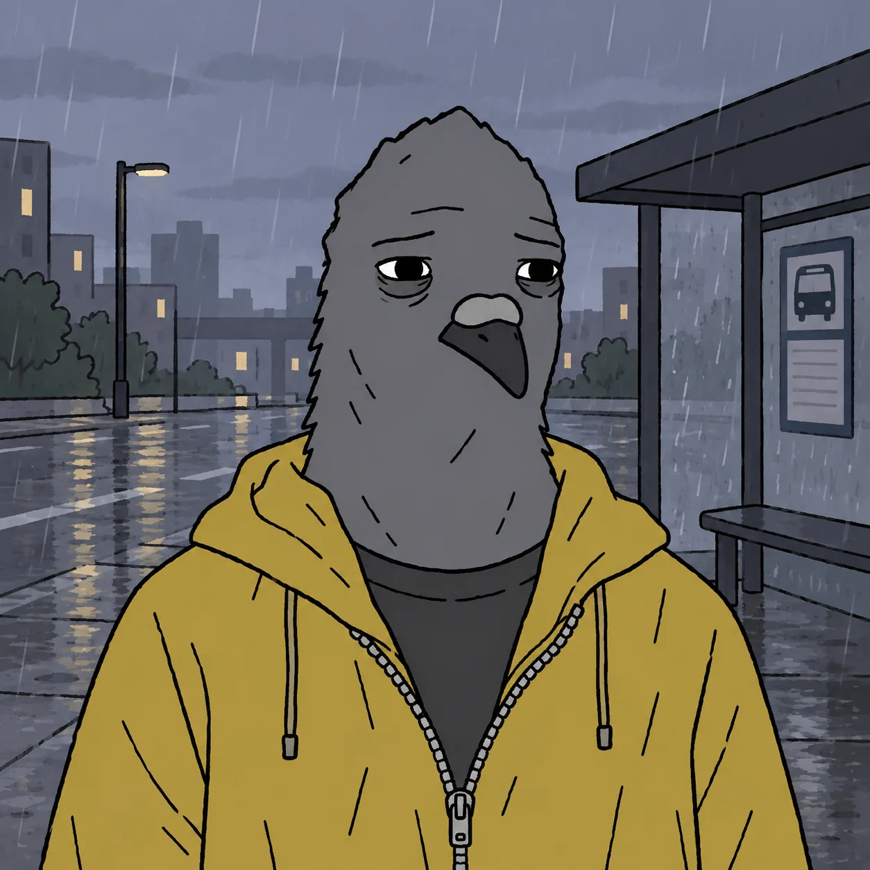 Pombo in a mustard yellow rain jacket, standing in a rainy city at night